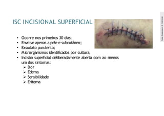 ISC INCISIONAL SUPERFICIAL
• Ocorre nos primeiros 30 dias;
• Envolve apenas a pele e subcutâneo;
• Exsudato purulento;
• Microrganismos identificados por cultura;
• Incisão superficial deliberadamente aberta com ao menos
um dos sintomas:
 Dor
 Edema
 Sensibilidade
 Eritema
Fonte:
Shutterstock.
ID
755870248
 