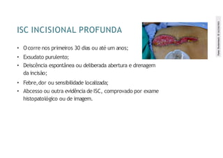 ISC INCISIONAL PROFUNDA
• Ocorre nos primeiros 30 dias ou até um anos;
• Exsudato purulento;
• Deiscência espontânea ou deliberada abertura e drenagem
da incisão;
• Febre,dor ou sensibilidade localizada;
• Abcesso ou outra evidência de ISC, comprovado por exame
histopatológico ou de imagem.
Fonte:
Shutterstock.
ID
1623367003
 