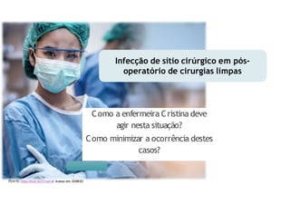 Infecção de sítio cirúrgico em pós-
operatório de cirurgias limpas
Como a enfermeira Cristina deve
agir nesta situação?
Como minimizar a ocorrência destes
casos?
CRISTINA
FONTE: https:/
/
shutr.bz/
31myHah Acesso em:20/
08/
22
 