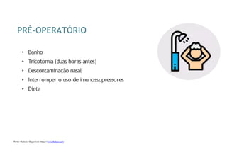 PRÉ-OPERATÓRIO
• Banho
• Tricotomia (duas horas antes)
• Descontaminação nasal
• Interromper o uso de imunossupressores
• Dieta
Fonte: Flaticon. Disponível: https://www.flaticon.com
 