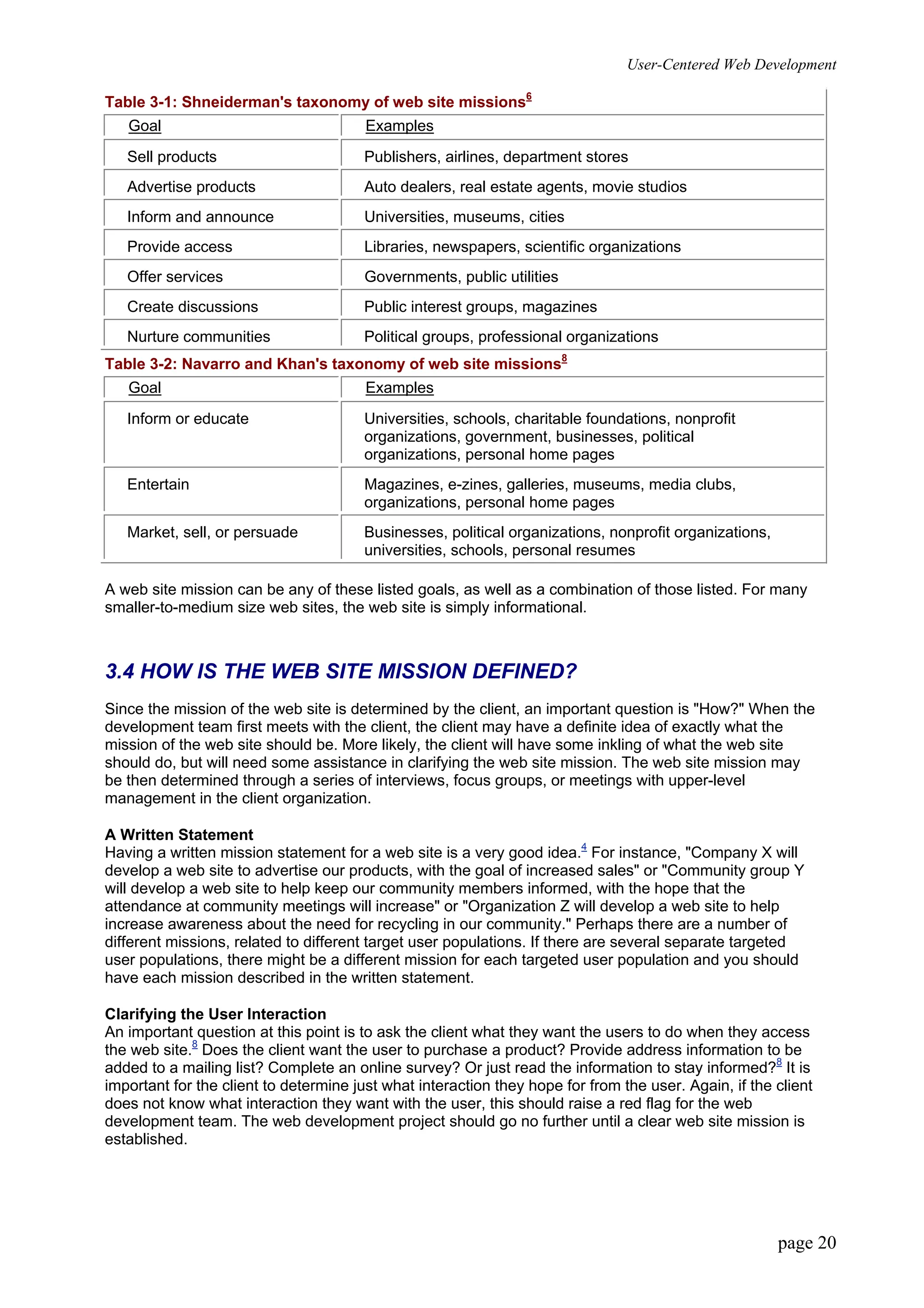 User-Centered Web Development
page 20
Table 3-1: Shneiderman's taxonomy of web site missions6
Goal Examples
Sell products Publishers, airlines, department stores
Advertise products Auto dealers, real estate agents, movie studios
Inform and announce Universities, museums, cities
Provide access Libraries, newspapers, scientific organizations
Offer services Governments, public utilities
Create discussions Public interest groups, magazines
Nurture communities Political groups, professional organizations
Table 3-2: Navarro and Khan's taxonomy of web site missions8
Goal Examples
Inform or educate Universities, schools, charitable foundations, nonprofit
organizations, government, businesses, political
organizations, personal home pages
Entertain Magazines, e-zines, galleries, museums, media clubs,
organizations, personal home pages
Market, sell, or persuade Businesses, political organizations, nonprofit organizations,
universities, schools, personal resumes
A web site mission can be any of these listed goals, as well as a combination of those listed. For many
smaller-to-medium size web sites, the web site is simply informational.
3.4 HOW IS THE WEB SITE MISSION DEFINED?
Since the mission of the web site is determined by the client, an important question is "How?" When the
development team first meets with the client, the client may have a definite idea of exactly what the
mission of the web site should be. More likely, the client will have some inkling of what the web site
should do, but will need some assistance in clarifying the web site mission. The web site mission may
be then determined through a series of interviews, focus groups, or meetings with upper-level
management in the client organization.
A Written Statement
Having a written mission statement for a web site is a very good idea.4
For instance, "Company X will
develop a web site to advertise our products, with the goal of increased sales" or "Community group Y
will develop a web site to help keep our community members informed, with the hope that the
attendance at community meetings will increase" or "Organization Z will develop a web site to help
increase awareness about the need for recycling in our community." Perhaps there are a number of
different missions, related to different target user populations. If there are several separate targeted
user populations, there might be a different mission for each targeted user population and you should
have each mission described in the written statement.
Clarifying the User Interaction
An important question at this point is to ask the client what they want the users to do when they access
the web site.8
Does the client want the user to purchase a product? Provide address information to be
added to a mailing list? Complete an online survey? Or just read the information to stay informed?8
It is
important for the client to determine just what interaction they hope for from the user. Again, if the client
does not know what interaction they want with the user, this should raise a red flag for the web
development team. The web development project should go no further until a clear web site mission is
established.
 