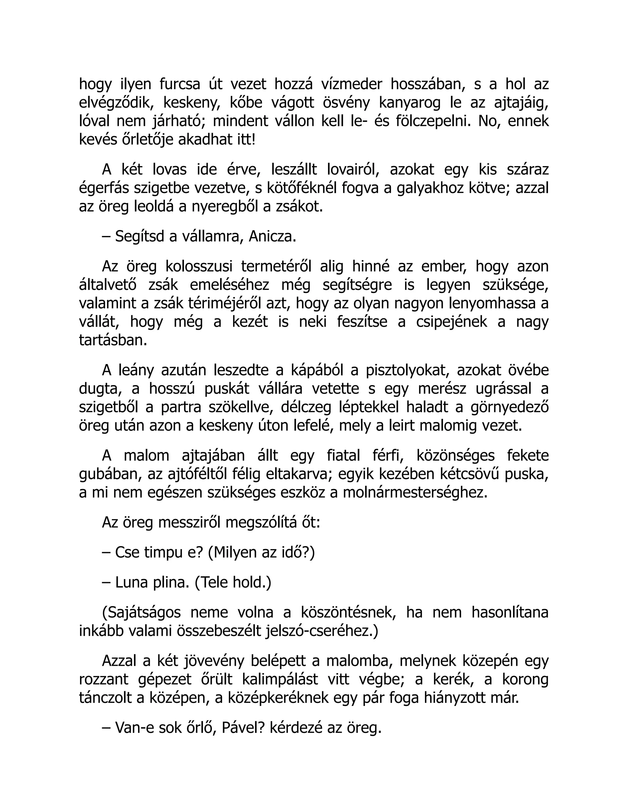 hogy ilyen furcsa út vezet hozzá vízmeder hosszában, s a hol az
elvégződik, keskeny, kőbe vágott ösvény kanyarog le az ajtajáig,
lóval nem járható; mindent vállon kell le- és fölczepelni. No, ennek
kevés őrletője akadhat itt!
A két lovas ide érve, leszállt lovairól, azokat egy kis száraz
égerfás szigetbe vezetve, s kötőféknél fogva a galyakhoz kötve; azzal
az öreg leoldá a nyeregből a zsákot.
– Segítsd a vállamra, Anicza.
Az öreg kolosszusi termetéről alig hinné az ember, hogy azon
általvető zsák emeléséhez még segítségre is legyen szüksége,
valamint a zsák tériméjéről azt, hogy az olyan nagyon lenyomhassa a
vállát, hogy még a kezét is neki feszítse a csipejének a nagy
tartásban.
A leány azután leszedte a kápából a pisztolyokat, azokat övébe
dugta, a hosszú puskát vállára vetette s egy merész ugrással a
szigetből a partra szökellve, délczeg léptekkel haladt a görnyedező
öreg után azon a keskeny úton lefelé, mely a leirt malomig vezet.
A malom ajtajában állt egy fiatal férfi, közönséges fekete
gubában, az ajtóféltől félig eltakarva; egyik kezében kétcsövű puska,
a mi nem egészen szükséges eszköz a molnármesterséghez.
Az öreg messziről megszólítá őt:
– Cse timpu e? (Milyen az idő?)
– Luna plina. (Tele hold.)
(Sajátságos neme volna a köszöntésnek, ha nem hasonlítana
inkább valami összebeszélt jelszó-cseréhez.)
Azzal a két jövevény belépett a malomba, melynek közepén egy
rozzant gépezet őrült kalimpálást vitt végbe; a kerék, a korong
tánczolt a középen, a középkeréknek egy pár foga hiányzott már.
– Van-e sok őrlő, Pável? kérdezé az öreg.
 