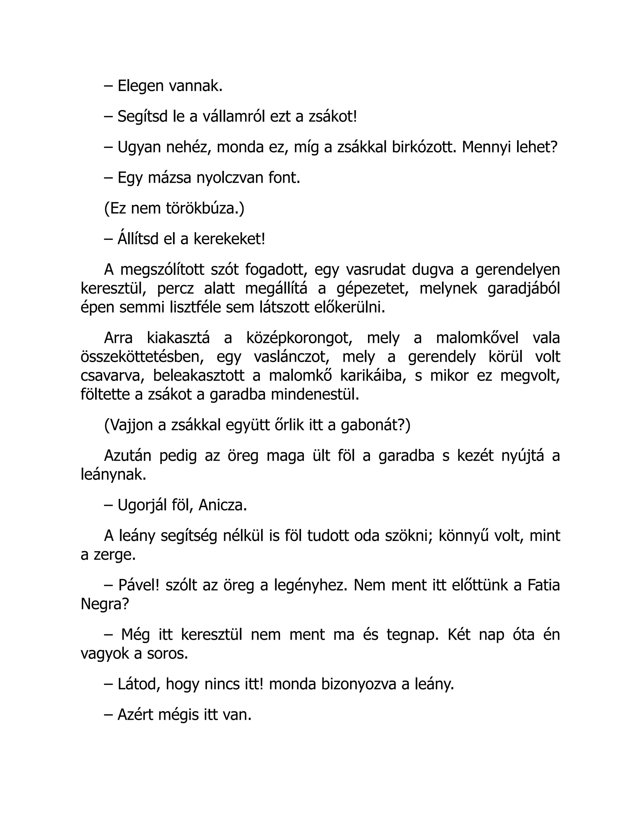 – Elegen vannak.
– Segítsd le a vállamról ezt a zsákot!
– Ugyan nehéz, monda ez, míg a zsákkal birkózott. Mennyi lehet?
– Egy mázsa nyolczvan font.
(Ez nem törökbúza.)
– Állítsd el a kerekeket!
A megszólított szót fogadott, egy vasrudat dugva a gerendelyen
keresztül, percz alatt megállítá a gépezetet, melynek garadjából
épen semmi lisztféle sem látszott előkerülni.
Arra kiakasztá a középkorongot, mely a malomkővel vala
összeköttetésben, egy vaslánczot, mely a gerendely körül volt
csavarva, beleakasztott a malomkő karikáiba, s mikor ez megvolt,
föltette a zsákot a garadba mindenestül.
(Vajjon a zsákkal együtt őrlik itt a gabonát?)
Azután pedig az öreg maga ült föl a garadba s kezét nyújtá a
leánynak.
– Ugorjál föl, Anicza.
A leány segítség nélkül is föl tudott oda szökni; könnyű volt, mint
a zerge.
– Pável! szólt az öreg a legényhez. Nem ment itt előttünk a Fatia
Negra?
– Még itt keresztül nem ment ma és tegnap. Két nap óta én
vagyok a soros.
– Látod, hogy nincs itt! monda bizonyozva a leány.
– Azért mégis itt van.
 