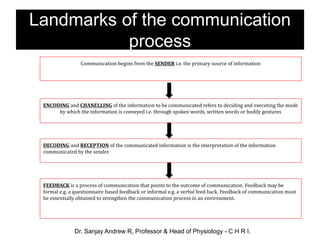Landmarks of the communication
process
Communication begins from the SENDER i.e. the primary source of information
ENCODING and CHANELLING of the information to be communicated refers to deciding and executing the mode
by which the information is conveyed i.e. through spoken words, written words or bodily gestures
DECODING and RECEPTION of the communicated information is the interpretation of the information
communicated by the sender.
FEEDBACK is a process of communication that points to the outcome of communication. Feedback may be
formal e.g. a questionnaire based feedback or informal e.g. a verbal feed back. Feedback of communication must
be essentially obtained to strengthen the communication process in an environment.
Dr. Sanjay Andrew R, Professor & Head of Physiology - C H R I.
 