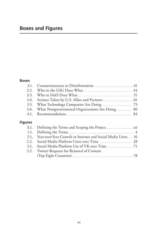 vii
Figures
S.1. Defining the Terms and Scoping the Project.. . . . . . . . . . . . . . . . . . . . . xii
1.1. Defining the Terms.. . . . . . . . . . . . . . . . . . . . . . . . . . . . . . . . . . . . . . . . . . . . . . . . . . . 4
2.1, Year-over-Year Growth in Internet and Social Media Users. . . . . 16
2.2. Social Media Platform Users over Time.. . . . . . . . . . . . . . . . . . . . . . . . . 28
3.1. Social Media Platform Use of VK over Time.. . . . . . . . . . . . . . . . . . . . 71
3.2. Twitter Requests for Removal of Content
(Top Eight Countries).. . . . . . . . . . . . . . . . . . . . . . . . . . . . . . . . . . . . . . . . . . . . . . . 78
Boxes and Figures
Boxes
3.1. Countermeasures to Disinformation. . . . . . . . . . . . . . . . . . . . . . . . . . . . . . . 41
3.2. Who in the USG Does What. . . . . . . . . . . . . . . . . . . . . . . . . . . . . . . . . . . . . . 44
3.3. Who in DoD Does What. . . . . . . . . . . . . . . . . . . . . . . . . . . . . . . . . . . . . . . . . . . 51
3.4. Actions Taken by U.S. Allies and Partners.. . . . . . . . . . . . . . . . . . . . . . . 61
3.5. What Technology Companies Are Doing . . . . . . . . . . . . . . . . . . . . . . . . 75
3.6. What Nongovernmental Organizations Are Doing. . . . . . . . . . . . . 80
4.1. Recommendations. . . . . . . . . . . . . . . . . . . . . . . . . . . . . . . . . . . . . . . . . . . . . . . . . . . 84
 