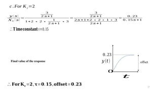 17
c .For K c=2
𝑦 ( 𝑠)
𝑋 𝐿 ( 𝑠)
=
3
2 𝑠+1
1+2 ∗ 2∗
1
2 𝑠+1
∗3
=
3
2 𝑠 +1
2 𝑠 +1+2 ∗ 2∗ 1∗ 3
2 𝑠 +1
=
0 . 23
0 . 15 𝑠 +1
∴𝐓𝐢𝐦𝐞𝐜𝐨𝐧𝐬𝐭𝐚𝐧𝐭 τ=0.15
Final value of the response 𝑦 (𝑡)
𝑡
offset
0.23
0
∴𝐅𝐨𝐫 𝐊𝐜=𝟐,𝛕=𝟎.𝟏𝟓,𝐨𝐟𝐟𝐬𝐞𝐭=𝟎.𝟐𝟑
 