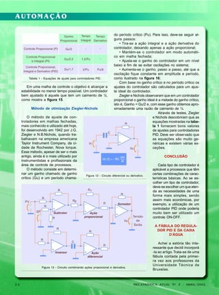 AUTOMAÇÃO

Tabela 1 - Equações de ajuste para controladores PID.

Em uma malha de controle o objetivo é alcançar a
estabilidade no menor tempo possível. Um controlador
bem ajustado é aquele que tem um caimento de ¼,
como mostra a figura 15.
Método de otimização Ziegler-Nichols
O método de ajuste de controladores em malhas fechadas,
mais conhecido e utilizado até hoje,
foi desenvolvido em 1942 por J.G.
Ziegler e N.B.Nichols, quando trabalhavam na empresa americana
Taylor Instrument Company, da cidade de Rochester, Nova Iorque.
Esse método, apesar de ser o mais
antigo, ainda é o mais utilizado por
instrumentistas e profissionais da
área de controle de processos.
O método consiste em determinar um ganho chamado de ganho
crítico (Gu) e um período chama-

do período crítico (Pu). Para isso, deve-se seguir alguns passos:
• Tira-se a ação integral e a ação derivativa do
controlador, deixando apenas a ação proporcional;
• Mantém-se o controlador em modo automático em malha fechada;
• Ajusta-se o ganho do controlador em um nível
baixo a fim de se evitar oscilações no sistema;
• Aumenta-se o ganho, passo a passo, até que a
oscilação fique constante em amplitude e período,
como ilustrado na figura 16;
Com base no ganho crítico e no período crítico os
ajustes do controlador são calculados para um ajuste ideal do controlador.
Ziegler e Nichols observaram que em um controlador
proporcional o ganho ideal é a metade do ganho crítico,
isto é, Ganho = Gu/2 e, com esse ganho obtemos aproximadamente uma razão de caimento de ¼.
Através de testes, Ziegler
e Nichols descobriram que as
equações mostradas na tabela 1 fornecem bons valores
de ajustes para controladores
PID. Deve ser observado que
as equações são muito genéricas e existem várias exceções.
CONCLUSÃO

Figura 12 - Circuito diferencial ou derivativo.

Cada tipo de controlador é
aplicável a processos que têm
certas combinações de características básicas. Ao se escolher um tipo de controlador,
deve-se escolher um que atenda as necessidades de uma
forma mais simples, sendo
assim mais econômicas, por
exemplo, a utilização de um
controlador PID onde poderia
muito bem ser utilizado um
controle ON-OFF.
A FÁBULA DO REGULADOR PID E DA CAIXA
D’ÁGUA

Figura 13 - Circuito combinando ações proporcional e derivativa.

22

Achei a estória tão interessante que decidi incorporá
-la ao artigo. Trata-se de uma
fábula contada pela primeira vez aos professores da
Universidade Técnica de
Bruxelas.

MECATRÔNICA ATUAL Nº 3 - ABRIL/2002

 