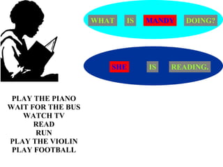 WHAT   IS   MANDY   DOING?




                      SHE      IS   READING.



 PLAY THE PIANO
WAIT FOR THE BUS
   WATCH TV
      READ
      RUN
PLAY THE VIOLIN
 PLAY FOOTBALL
 