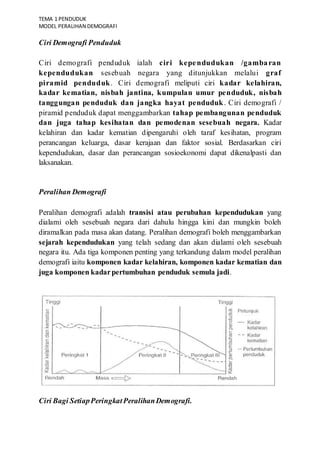 TEMA 1 PENDUDUK
MODEL PERALIHAN DEMOGRAFI
Ciri Demografi Penduduk
Ciri demografi penduduk ialah ciri kependudukan /gambaran
kependudukan sesebuah negara yang ditunjukkan melalui graf
piramid penduduk. Ciri demografi meliputi ciri kadar kelahiran,
kadar kematian, nisbah jantina, kumpulan umur penduduk, nisbah
tanggungan penduduk dan jangka hayat penduduk. Ciri demografi /
piramid penduduk dapat menggambarkan tahap pembangunan penduduk
dan juga tahap kesihatan dan pemodenan sesebuah negara. Kadar
kelahiran dan kadar kematian dipengaruhi oleh taraf kesihatan, program
perancangan keluarga, dasar kerajaan dan faktor sosial. Berdasarkan ciri
kependudukan, dasar dan perancangan sosioekonomi dapat dikenalpasti dan
laksanakan.
Peralihan Demografi
Peralihan demografi adalah transisi atau perubahan kependudukan yang
dialami oleh sesebuah negara dari dahulu hingga kini dan mungkin boleh
diramalkan pada masa akan datang. Peralihan demografi boleh menggambarkan
sejarah kependudukan yang telah sedang dan akan dialami oleh sesebuah
negara itu. Ada tiga komponen penting yang terkandung dalam model peralihan
demografi iaitu komponen kadar kelahiran, komponen kadar kematian dan
juga komponen kadarpertumbuhan penduduk semula jadi.
Ciri Bagi SetiapPeringkatPeralihanDemografi.
 