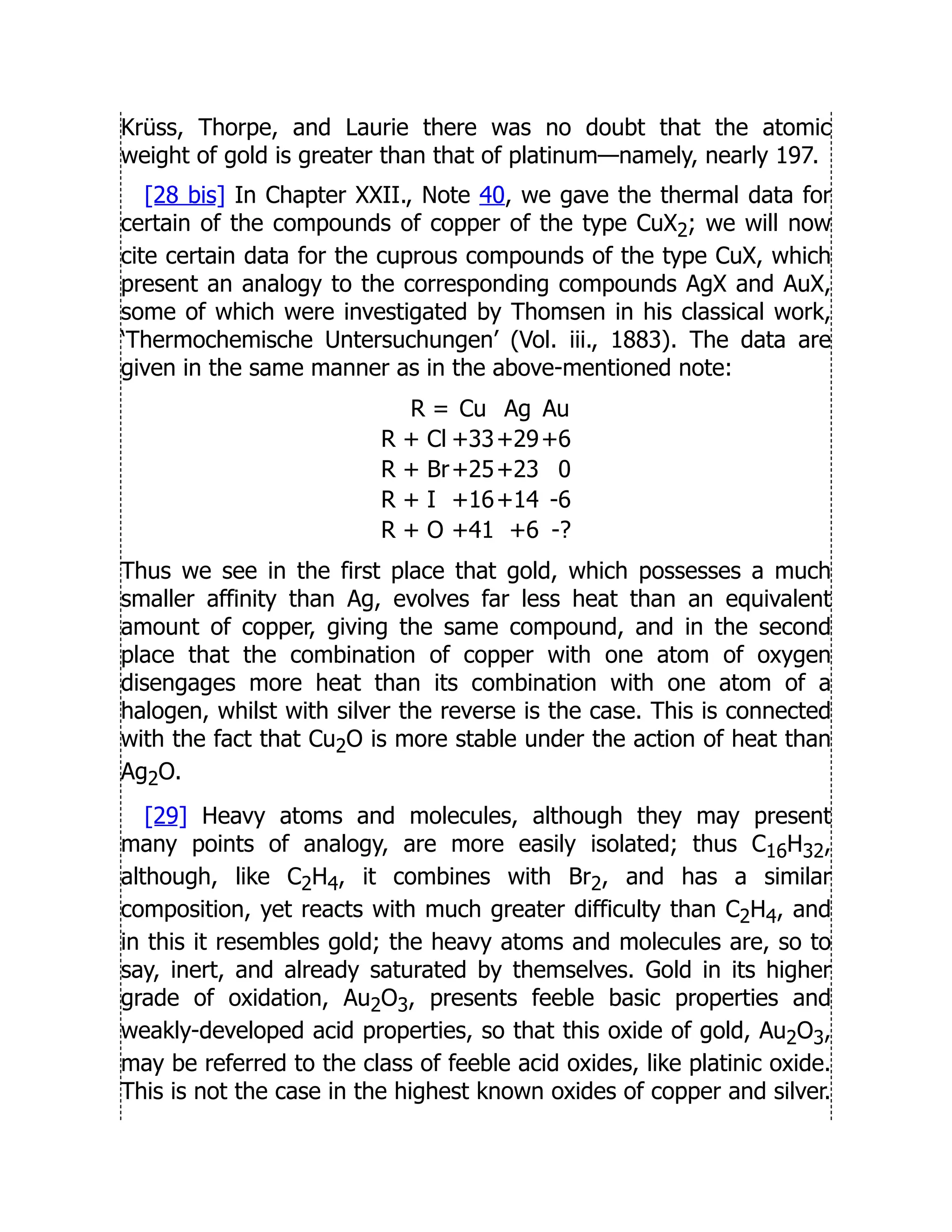 Krüss, Thorpe, and Laurie there was no doubt that the atomic
weight of gold is greater than that of platinum—namely, nearly 197.
[28 bis] In Chapter XXII., Note 40, we gave the thermal data for
certain of the compounds of copper of the type CuX2; we will now
cite certain data for the cuprous compounds of the type CuX, which
present an analogy to the corresponding compounds AgX and AuX,
some of which were investigated by Thomsen in his classical work,
‘Thermochemische Untersuchungen’ (Vol. iii., 1883). The data are
given in the same manner as in the above-mentioned note:
R = Cu Ag Au
R + Cl +33+29+6
R + Br+25+23 0
R + I +16+14 -6
R + O +41 +6 -?
Thus we see in the first place that gold, which possesses a much
smaller affinity than Ag, evolves far less heat than an equivalent
amount of copper, giving the same compound, and in the second
place that the combination of copper with one atom of oxygen
disengages more heat than its combination with one atom of a
halogen, whilst with silver the reverse is the case. This is connected
with the fact that Cu2O is more stable under the action of heat than
Ag2O.
[29] Heavy atoms and molecules, although they may present
many points of analogy, are more easily isolated; thus C16H32,
although, like C2H4, it combines with Br2, and has a similar
composition, yet reacts with much greater difficulty than C2H4, and
in this it resembles gold; the heavy atoms and molecules are, so to
say, inert, and already saturated by themselves. Gold in its higher
grade of oxidation, Au2O3, presents feeble basic properties and
weakly-developed acid properties, so that this oxide of gold, Au2O3,
may be referred to the class of feeble acid oxides, like platinic oxide.
This is not the case in the highest known oxides of copper and silver.
 