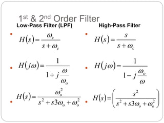 1st & 2nd Order Filter
Low-Pass Filter (LPF) High-Pass Filter






 
c
s
s
s
H



 
c
c
s
s
H




 
o
j
j
H





1
1
 



o
j
j
H


1
1
  2
2
2
3 o
o
o
s
s
s
H





   









 2
2
2
3 o
o
s
s
s
s
H


 
