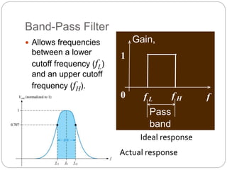 Band-Pass Filter
 Allows frequencies
between a lower
cutoff frequency (fL)
and an upper cutoff
frequency (fH).
0
1
f L f
Gain,
Pass
band
f H
Ideal response
Actual response
 