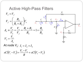 Active High-Pass Filters
C C
R
R
R 1
R 2
+
-
V o
V i
V f
V 1
V 2
I 1
I 2
I 3 I 4
0
f
V
V 
2
o
f V
R
R
R
V 









2
1
2
2
1
2
2
1
2
1
R
R
R
R
R
V
V
V
V
A
f
o
o
o 





o
o
A
V
V 
2
3
2
1 I
I
I 

   
2
1
1
1 V
V
sC
R
V
V
V
V
sC o
i 




At node V1:
 