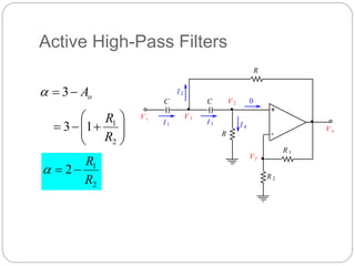 Active High-Pass Filters
C C
R
R
R 1
R 2
+
-
V o
V i
V f
V 1
V 2
I 1
I 2
I 3 I 4
0
o
A

 3












2
1
1
3
R
R
2
1
2
R
R



 
