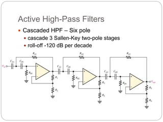 Active High-Pass Filters
 Cascaded HPF – Six pole
 cascade 3 Sallen-Key two-pole stages
 roll-off -120 dB per decade
 