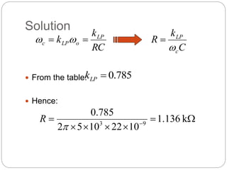 Solution
 From the table:
 Hence:
RC
k
k LP
o
LP
c 
 

C
k
R
c
LP


785
.
0

LP
k






 
k
136
.
1
10
22
10
5
2
785
.
0
9
3

R
 