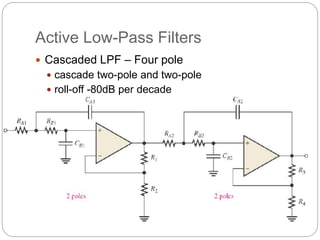 Active Low-Pass Filters
 Cascaded LPF – Four pole
 cascade two-pole and two-pole
 roll-off -80dB per decade
 