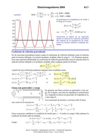 Electromagnetismo 2004                                                               6-21

                                             1 + ρL                Z = Z 0 ROE = 900Ω
   también:                     ROE =                        =3 ⇒  M
                                             1− ρL                 Z M = Z 0 / ROE = 100Ω
      Z(z)                                                                   Si graficamos la impedancia de onda a
                                                                               lo largo de la línea:
                                                                                                                  1 + ρ L e i 2 kz
                                                                                              Z ( z) = Z 0
                                                                                                                  1 − ρ L e i 2 kz
                                                                                                 ω 2π f
                                                                               con          k=      =    ≈ 0.628 rad / m
                                                                                                 vf   vf
                                                                               obtenemos la figura de la izquierda
      Z0                                                                       donde se observa la variación periódica
                                                                               del módulo de la impedancia de onda,
                                                                               entre los valores mínimo y máximo ha-
                                                                               llados.
                                                                   z/λ


Coeficiente de reflexión generalizado
En las secciones precedentes hemos usado el coeficiente de reflexión definido como la relación
entre la tensión reflejada y la tensión incidente, medidas sobre la carga (z = 0). Podemos genera-
lizar esta expresión definiemdo un coeficiente de reflexión generalizado como la relación entre la
onda de tensión reflejada y la incidente, medidas sobre cualquier punto de la línea:
                                                                     V eiγ z
                                                        ρ ( z ) = − −i γ z = ρ L e i 2 γ z
                                                                   V+ e
A partir de este coeficiente podemos expresar otros resultados como:
                  e −i γ z + ρ L e i γ z            1 + ρ L ei 2γ z                          1 + ρ ( z)
 Z ( z ) = Z 0 −i γ z                   iγ z
                                             = Z0             i 2γ z
                                                                        ⇒    Z ( z) = Z 0
                  e           − ρL e                1− ρL e                                  1 − ρ ( z)
 v ( z, t ) = V + e i (ω t − k z )
                                   [1 + ρ L e ]
                                             i2 k z
                                                                    ⇒        v( z, t ) = V + e i (ω t − k z ) [1 + ρ ( z )]
              V                                                                          V
i ( z, t ) = + e i (ω t − k z ) [ − ρ L e i 2 k z ]
                                    1                               ⇒        i( z, t ) = + e i (ω t − k z ) [1 − ρ ( z )]
              Z0                                                                          Z0

Línea con generador y carga
                                                              En general, una línea conecta un generador a una car-
           Zg
 Vg                            Z0                   ZL
                                                              ga. En la figura, una línea de impedancia característica
                                                              Z0 y longitud d conecta un generador de impedancia Zg
                                                              a una carga ZL.
                -d                                  0    z    Las ecuaciones de tensión y corriente sobre la línea
son, como en el caso previo:
                                            [                          ]           [
                       v ( z, t ) = e i ω t V + e −i k z + V − e i k z = V + e i ω t e −i k z + ρ L e i k z   ]
                                             V                        V
                                                           V
                                                                                        [
                       i ( z , t ) = e i ω t  + e −i k z − − e i k z  = + e i ω t e −i k z − ρ L e i k z          ]
                                             Z0           Z0          Z0
Estas ecuaciones satisfacen la condición de borde para z = 0 (sobre la carga). Falta plantear la
condición de borde sobre la entrada:
                      v ( − d , t ) = V g e i ω t − i( −d , t ) Z g = V+ e i ω t [ e i k d + ρ L e − i k d ]
                                     V+ i ω t i k d
Luego:                Vg e i ω t −
                                     Z0
                                        e       [                  ]               [
                                              e − ρ L e −i k d Z g = V+ e i ω t e i k d + ρ L e −i k d    ]

                      Juan C. Fernández - Departamento de Física – Facultad de Ingeniería
                                 Universidad de Buenos Aires – www.fi.uba.ar
 