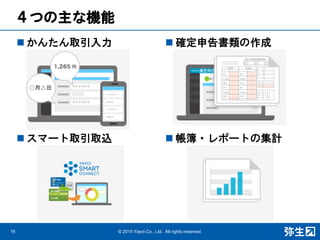 ４つの主な機能
16 © 2015 Yayoi Co., Ltd. All rights reserved.
 かんたん取引入力  確定申告書類の作成
 スマート取引取込  帳簿・レポートの集計
 