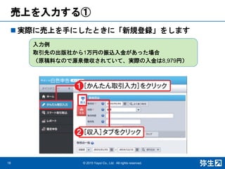 売上を入力する①
 実際に売上を手にしたときに「新規登録」をします
18 © 2015 Yayoi Co., Ltd. All rights reserved.
入力例
取引先の出版社から1万円の振込入金があった場合
（原稿料なので源泉徴収されていて、実際の入金は8,979円）
 
