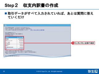 Step２ 収支内訳書の作成
 取引データがすべて入力されていれば、あとは質問に答え
ていくだけ
29 © 2015 Yayoi Co., Ltd. All rights reserved.
 