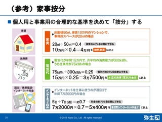 （参考）家事按分
 個人用と事業用の合理的な基準を決めて「按分」する
31 © 2015 Yayoi Co., Ltd. All rights reserved.
 