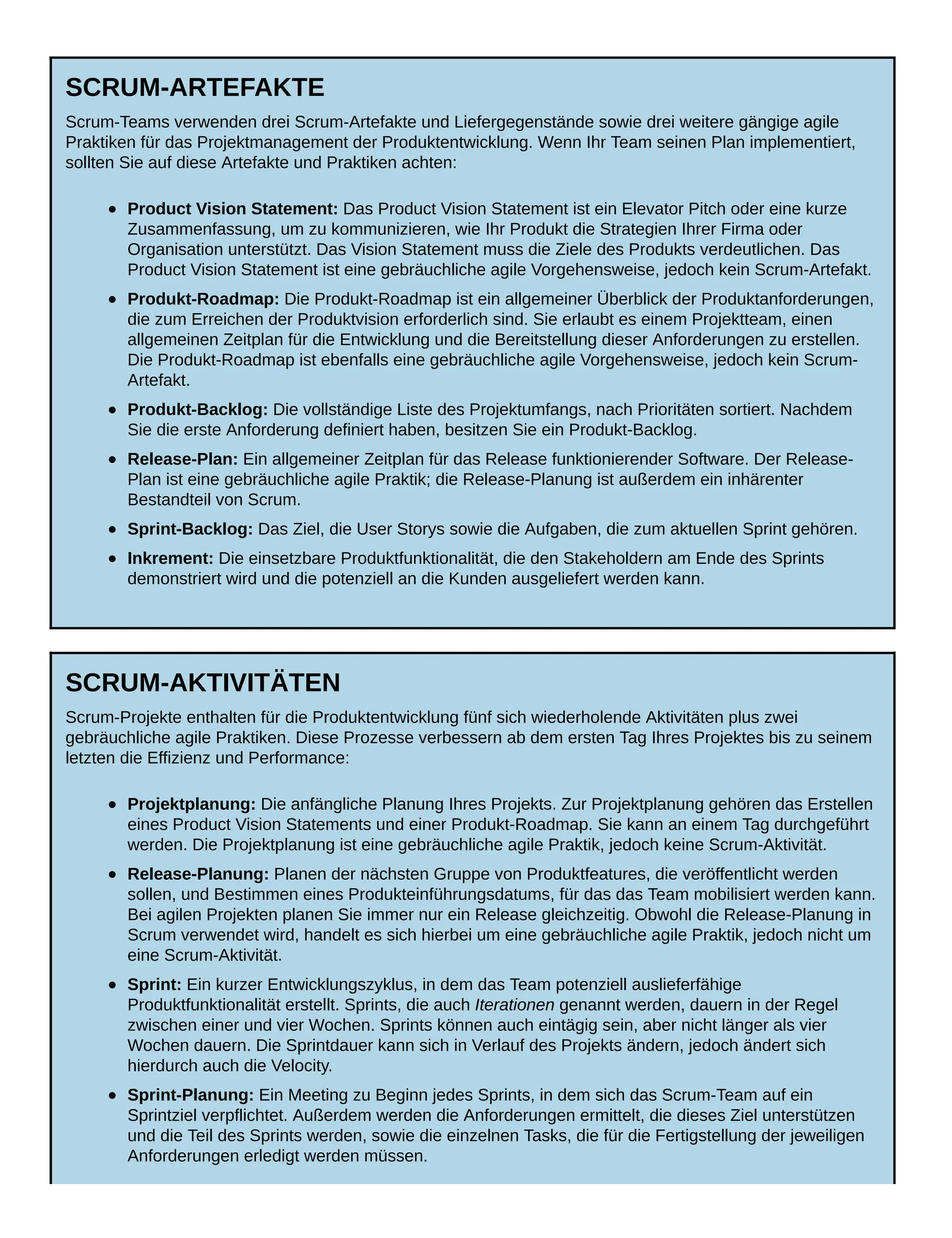 SCRUM-ARTEFAKTE
Scrum-Teams verwenden drei Scrum-Artefakte und Liefergegenstände sowie drei weitere gängige agile
Praktiken für das Projektmanagement der Produktentwicklung. Wenn Ihr Team seinen Plan implementiert,
sollten Sie auf diese Artefakte und Praktiken achten:
Product Vision Statement: Das Product Vision Statement ist ein Elevator Pitch oder eine kurze
Zusammenfassung, um zu kommunizieren, wie Ihr Produkt die Strategien Ihrer Firma oder
Organisation unterstützt. Das Vision Statement muss die Ziele des Produkts verdeutlichen. Das
Product Vision Statement ist eine gebräuchliche agile Vorgehensweise, jedoch kein Scrum-Artefakt.
Produkt-Roadmap: Die Produkt-Roadmap ist ein allgemeiner Überblick der Produktanforderungen,
die zum Erreichen der Produktvision erforderlich sind. Sie erlaubt es einem Projektteam, einen
allgemeinen Zeitplan für die Entwicklung und die Bereitstellung dieser Anforderungen zu erstellen.
Die Produkt-Roadmap ist ebenfalls eine gebräuchliche agile Vorgehensweise, jedoch kein Scrum-
Artefakt.
Produkt-Backlog: Die vollständige Liste des Projektumfangs, nach Prioritäten sortiert. Nachdem
Sie die erste Anforderung definiert haben, besitzen Sie ein Produkt-Backlog.
Release-Plan: Ein allgemeiner Zeitplan für das Release funktionierender Software. Der Release-
Plan ist eine gebräuchliche agile Praktik; die Release-Planung ist außerdem ein inhärenter
Bestandteil von Scrum.
Sprint-Backlog: Das Ziel, die User Storys sowie die Aufgaben, die zum aktuellen Sprint gehören.
Inkrement: Die einsetzbare Produktfunktionalität, die den Stakeholdern am Ende des Sprints
demonstriert wird und die potenziell an die Kunden ausgeliefert werden kann.
SCRUM-AKTIVITÄTEN
Scrum-Projekte enthalten für die Produktentwicklung fünf sich wiederholende Aktivitäten plus zwei
gebräuchliche agile Praktiken. Diese Prozesse verbessern ab dem ersten Tag Ihres Projektes bis zu seinem
letzten die Effizienz und Performance:
Projektplanung: Die anfängliche Planung Ihres Projekts. Zur Projektplanung gehören das Erstellen
eines Product Vision Statements und einer Produkt-Roadmap. Sie kann an einem Tag durchgeführt
werden. Die Projektplanung ist eine gebräuchliche agile Praktik, jedoch keine Scrum-Aktivität.
Release-Planung: Planen der nächsten Gruppe von Produktfeatures, die veröffentlicht werden
sollen, und Bestimmen eines Produkteinführungsdatums, für das das Team mobilisiert werden kann.
Bei agilen Projekten planen Sie immer nur ein Release gleichzeitig. Obwohl die Release-Planung in
Scrum verwendet wird, handelt es sich hierbei um eine gebräuchliche agile Praktik, jedoch nicht um
eine Scrum-Aktivität.
Sprint: Ein kurzer Entwicklungszyklus, in dem das Team potenziell auslieferfähige
Produktfunktionalität erstellt. Sprints, die auch Iterationen genannt werden, dauern in der Regel
zwischen einer und vier Wochen. Sprints können auch eintägig sein, aber nicht länger als vier
Wochen dauern. Die Sprintdauer kann sich in Verlauf des Projekts ändern, jedoch ändert sich
hierdurch auch die Velocity.
Sprint-Planung: Ein Meeting zu Beginn jedes Sprints, in dem sich das Scrum-Team auf ein
Sprintziel verpflichtet. Außerdem werden die Anforderungen ermittelt, die dieses Ziel unterstützen
und die Teil des Sprints werden, sowie die einzelnen Tasks, die für die Fertigstellung der jeweiligen
Anforderungen erledigt werden müssen.
 