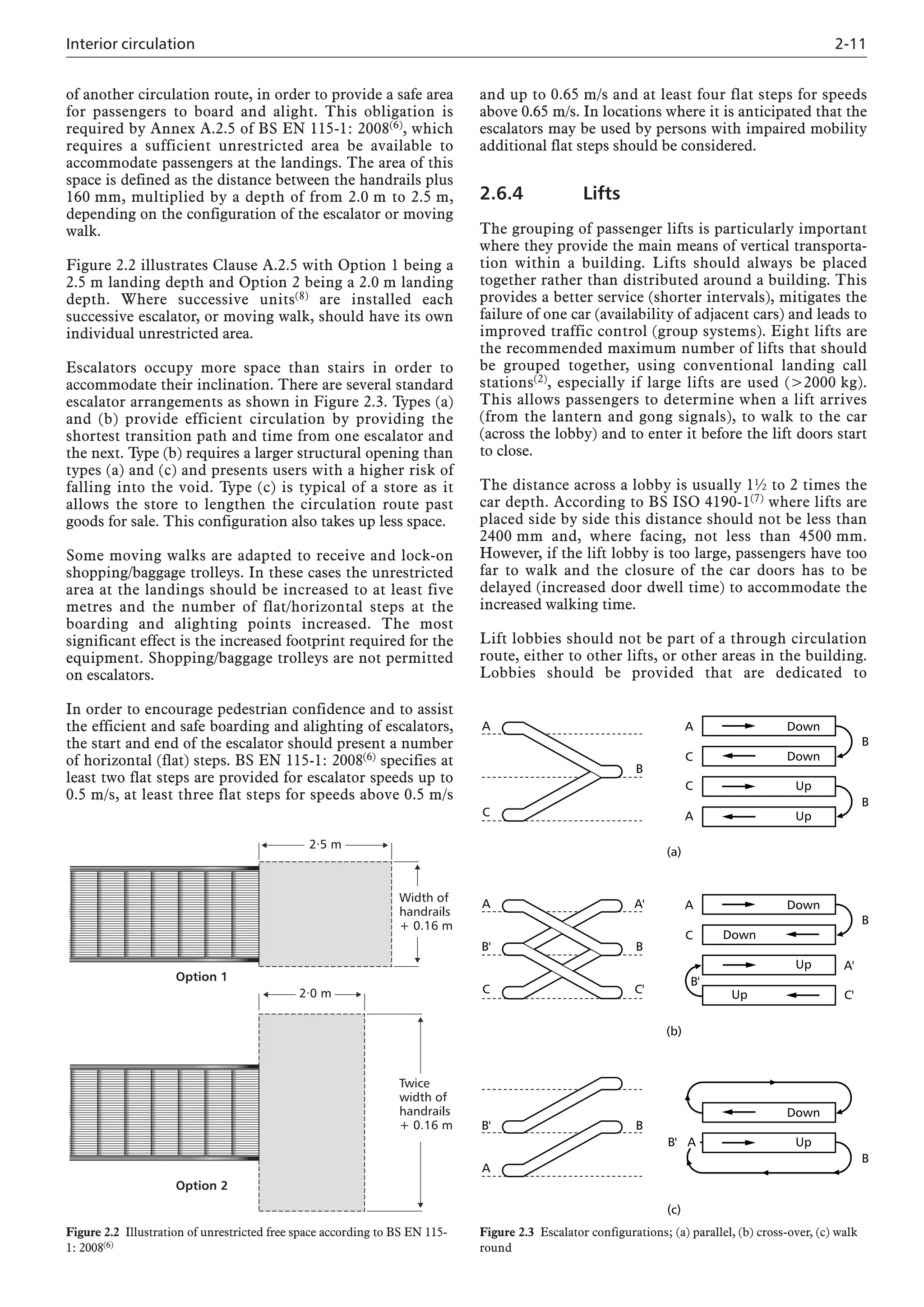 Interior circulation 2-11
of another circulation route, in order to provide a safe area
for passengers to board and alight. This obligation is
required by Annex A.2.5 of BS EN 115-1: 2008(6), which
requires a sufficient unrestricted area be available to
accommodate passengers at the landings. The area of this
space is defined as the distance between the handrails plus
160 mm, multiplied by a depth of from 2.0 m to 2.5 m,
depending on the configuration of the escalator or moving
walk.
Figure 2.2 illustrates Clause A.2.5 with Option 1 being a
2.5 m landing depth and Option 2 being a 2.0 m landing
depth. Where successive units(8) are installed each
successive escalator, or moving walk, should have its own
individual unrestricted area.
Escalators occupy more space than stairs in order to
accommodate their inclination. There are several standard
escalator arrangements as shown in Figure 2.3. Types (a)
and (b) provide efficient circulation by providing the
shortest transition path and time from one escalator and
the next. Type (b) requires a larger structural opening than
types (a) and (c) and presents users with a higher risk of
falling into the void. Type (c) is typical of a store as it
allows the store to lengthen the circulation route past
goods for sale. This configuration also takes up less space.
Some moving walks are adapted to receive and lock-on
shopping/baggage trolleys. In these cases the unrestricted
area at the landings should be increased to at least five
metres and the number of flat/horizontal steps at the
boarding and alighting points increased. The most
significant effect is the increased footprint required for the
equipment. Shopping/baggage trolleys are not permitted
on escalators.
In order to encourage pedestrian confidence and to assist
the efficient and safe boarding and alighting of escalators,
the start and end of the escalator should present a number
of horizontal (flat) steps. BS EN 115-1: 2008(6) specifies at
least two flat steps are provided for escalator speeds up to
0.5 m/s, at least three flat steps for speeds above 0.5 m/s
and up to 0.65 m/s and at least four flat steps for speeds
above 0.65 m/s. In locations where it is anticipated that the
escalators may be used by persons with impaired mobility
additional flat steps should be considered.
2.6.4 Lifts
The grouping of passenger lifts is particularly important
where they provide the main means of vertical transporta-
tion within a building. Lifts should always be placed
together rather than distributed around a building. This
provides a better service (shorter intervals), mitigates the
failure of one car (availability of adjacent cars) and leads to
improved traffic control (group systems). Eight lifts are
the recommended maximum number of lifts that should
be grouped together, using conventional landing call
stations(2), especially if large lifts are used (>2000 kg).
This allows passengers to determine when a lift arrives
(from the lantern and gong signals), to walk to the car
(across the lobby) and to enter it before the lift doors start
to close.
The distance across a lobby is usually 1½ to 2 times the
car depth. According to BS ISO 4190-1(7) where lifts are
placed side by side this distance should not be less than
2400 mm and, where facing, not less than 4500 mm.
However, if the lift lobby is too large, passengers have too
far to walk and the closure of the car doors has to be
delayed (increased door dwell time) to accommodate the
increased walking time.
Lift lobbies should not be part of a through circulation
route, either to other lifts, or other areas in the building.
Lobbies should be provided that are dedicated to
Twice
width of
handrails
+ 0.16 m
Width of
handrails
+ 0.16 m
2·5 m
2·0 m
Option 1
Option 2
Figure 2.2 Illustration of unrestricted free space according to BS EN 115-
1: 2008(6)
Down
Up
Up
Down
A
C
C
A
B
B
A
C
A
B'
C
B'
A
B
A'
B
C'
B
Down
Up
Up
Down
A
C
B'
B
Up
Down
B
B' A
A'
C'
(a)
(b)
(c)
Figure 2.3 Escalator configurations; (a) parallel, (b) cross-over, (c) walk
round
 