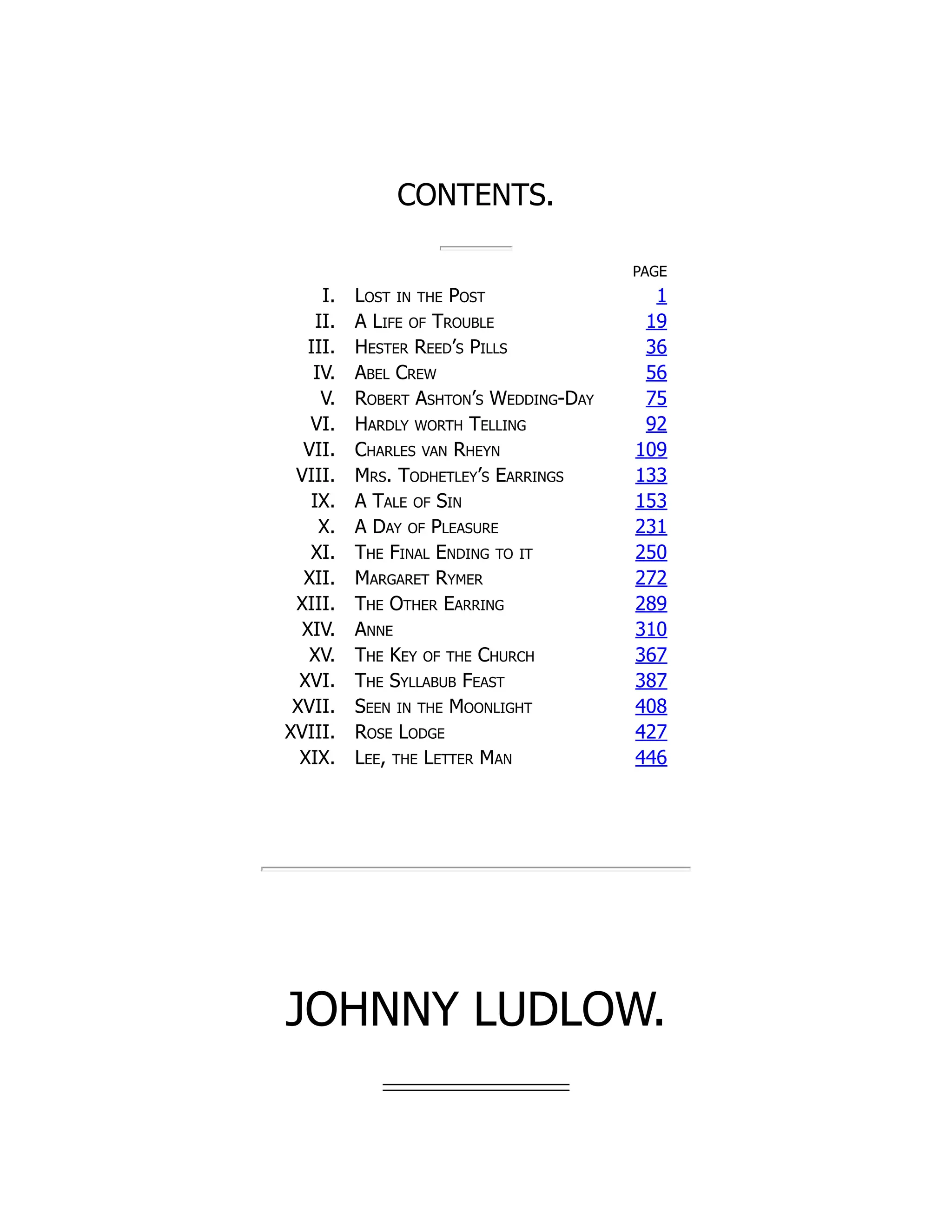 CONTENTS.
PAGE
I. Lost in the Post 1
II. A Life of Trouble 19
III. Hester Reed’s Pills 36
IV. Abel Crew 56
V. Robert Ashton’s Wedding-Day 75
VI. Hardly worth Telling 92
VII. Charles van Rheyn 109
VIII. Mrs. Todhetley’s Earrings 133
IX. A Tale of Sin 153
X. A Day of Pleasure 231
XI. The Final Ending to it 250
XII. Margaret Rymer 272
XIII. The Other Earring 289
XIV. Anne 310
XV. The Key of the Church 367
XVI. The Syllabub Feast 387
XVII. Seen in the Moonlight 408
XVIII. Rose Lodge 427
XIX. Lee, the Letter Man 446
JOHNNY LUDLOW.
 