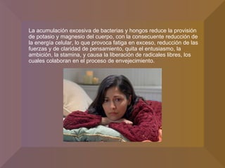 La acumulación excesiva de bacterias y hongos reduce la provisión de potasio y magnesio del cuerpo, con la consecuente reducción de la energía celular, lo que provoca fatiga en exceso, reducción de las fuerzas y de claridad de pensamiento, quita el entusiasmo, la ambición, la stamina, y causa la liberación de radicales libres, los cuales colaboran en el proceso de envejecimiento. 