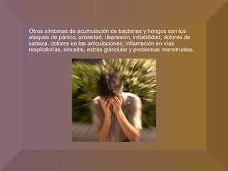 Otros síntomas de acumulación de bacterias y hongos son los ataques de pánico, ansiedad, depresión, irritabilidad, dolores de cabeza, dolores en las articulaciones, inflamación en vías respiratorias, sinusitis, estrés glandular y problemas menstruales.  