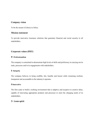 Company vision
To be the insurer of choice in Africa
Mission statement
To provide innovative insurance solutions that guarantee financial and social security to all
stakeholders.
Corporate values (PIIT)
P- Professionalism
The company is committed to demonstrate high levels of skills and proficiency in carrying out its
tasks, processes and in its engagements with stakeholders.
I- Integrity
The company believes in being credible, fair, humble and honest while remaining resilient,
transparent and accountable in the industry it operates.
I-Innovative
The firm seeks to build a working environment that is adaptive and receptive to creative ideas,
capable of innovating appropriate products and processes to meet the changing needs of its
stakeholders.
T- Team spirit
 