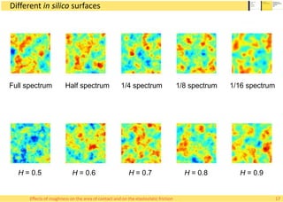 Different in silico surfaces
17Effects of roughness on the area of contact and on the elastostatic friction
Full spectrum Half spectrum 1/4 spectrum 1/8 spectrum 1/16 spectrum
H = 0.5 H = 0.6 H = 0.7 H = 0.8 H = 0.9
 