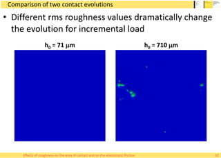 Comparison of two contact evolutions
h0 = 71 mm h0 = 710 mm
• Different rms roughness values dramatically change
the evolution for incremental load
32Effects of roughness on the area of contact and on the elastostatic friction
 