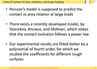Area of contact at low, medium, and large loading
• Persson’s model is supposed to predict the
contact vs area relation at large loads
• There exists a recently developed model, by
Yastrebov, Anciaux, and Molinari, which states
that the contact evolution follows a power law
• Our experimental results are fitted better by a
polynomial of fourth order, for which we
studied the coefficients for different rough
surfaces
35Effects of roughness on the area of contact and on the elastostatic friction
 