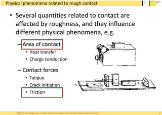 Physical phenomena related to rough contact
• Several quantities related to contact are
affected by roughness, and they influence
different physical phenomena, e.g.
– Area of contact
• Heat transfer
• Charge conduction
– Contact forces
• Fatigue
• Crack initiation
• Friction
4Effects of roughness on the area of contact and on the elastostatic friction
 
