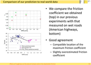 Comparison of our prediction to real world data
• We compare the friction
coefficient we obtained
(top) in our previous
experiments with that
measured on wet roads
(American highways,
bottom)
• Good agreement
– Compatible location of the
maximum friction coefficient
– Slightly overestimated friction
coefficient
53Effects of roughness on the area of contact and on the elastostatic friction
 