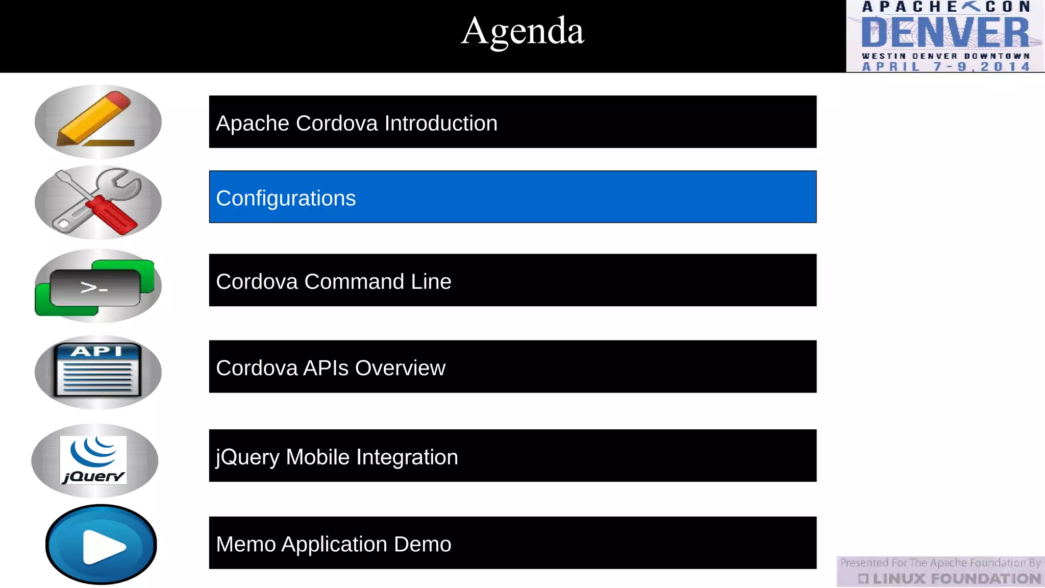 Agenda
Apache Cordova Introduction
Configurations
Cordova Command Line
Cordova APIs Overview
jQuery Mobile Integration
Memo Application Demo
 