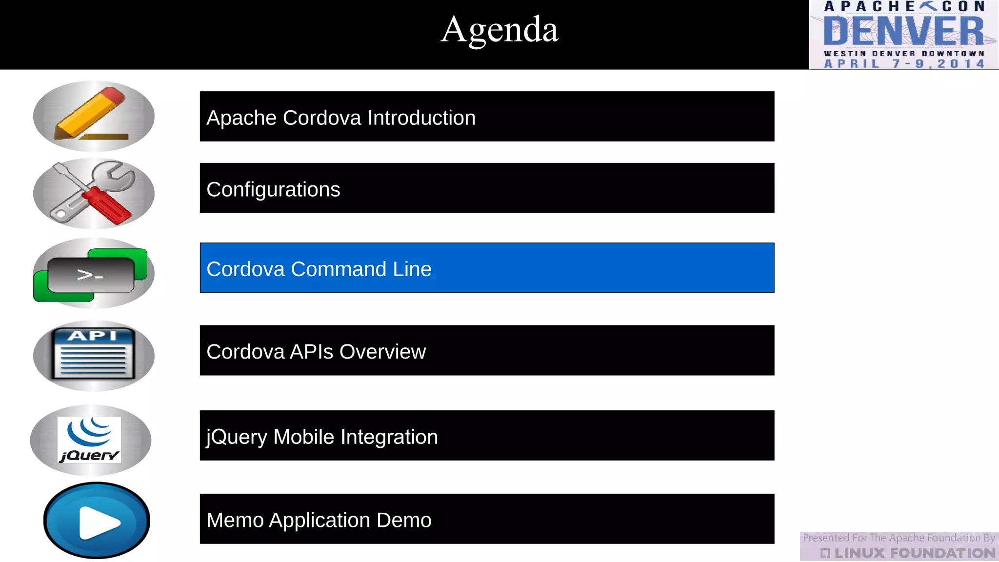 Agenda
Apache Cordova Introduction
Configurations
Cordova Command Line
Cordova APIs Overview
jQuery Mobile Integration
Memo Application Demo
 