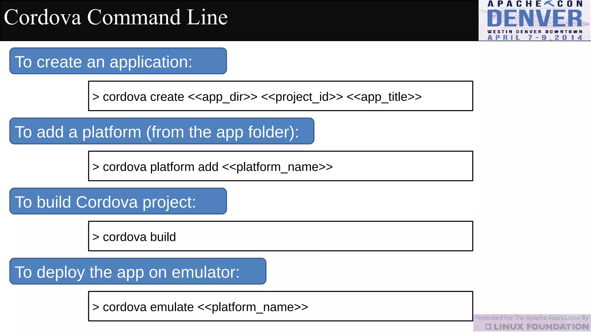 Cordova Command Line
To create an application:
> cordova create <<app_dir>> <<project_id>> <<app_title>>
To add a platform (from the app folder):
> cordova platform add <<platform_name>>
To build Cordova project:
> cordova build
To deploy the app on emulator:
> cordova emulate <<platform_name>>
 