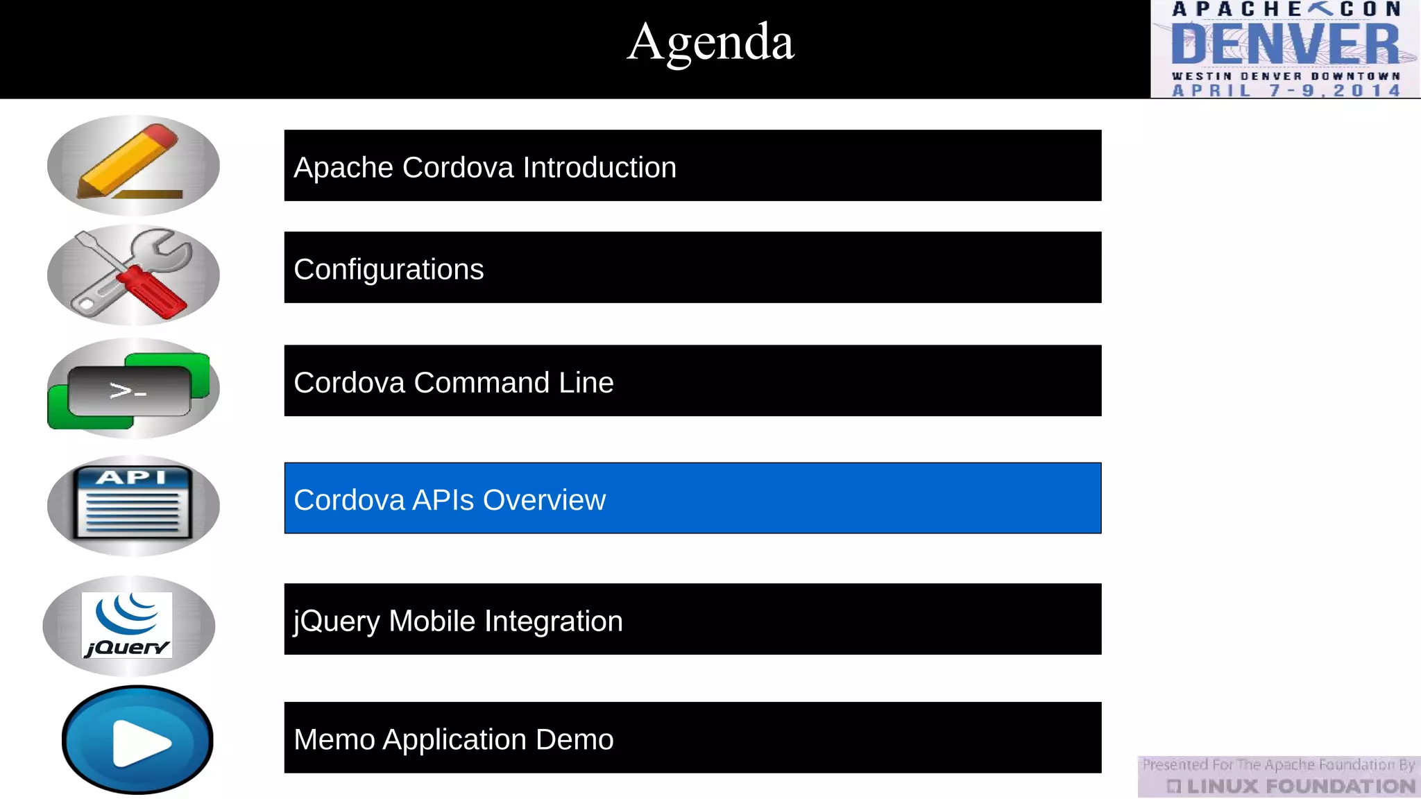 Agenda
Apache Cordova Introduction
Configurations
Cordova Command Line
Cordova APIs Overview
jQuery Mobile Integration
Memo Application Demo
 