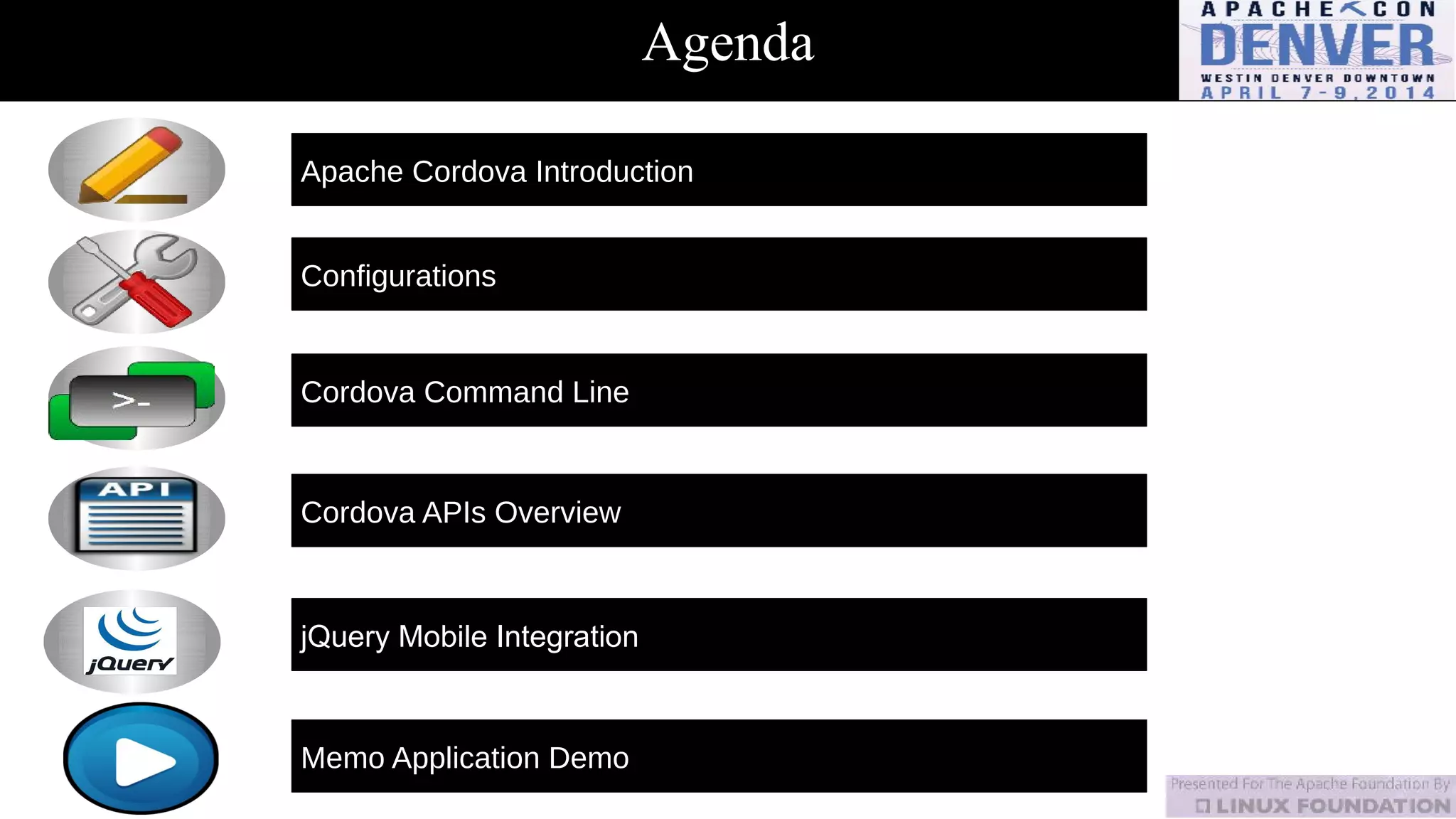 Agenda
Apache Cordova Introduction
Configurations
Cordova Command Line
Cordova APIs Overview
jQuery Mobile Integration
Memo Application Demo
 