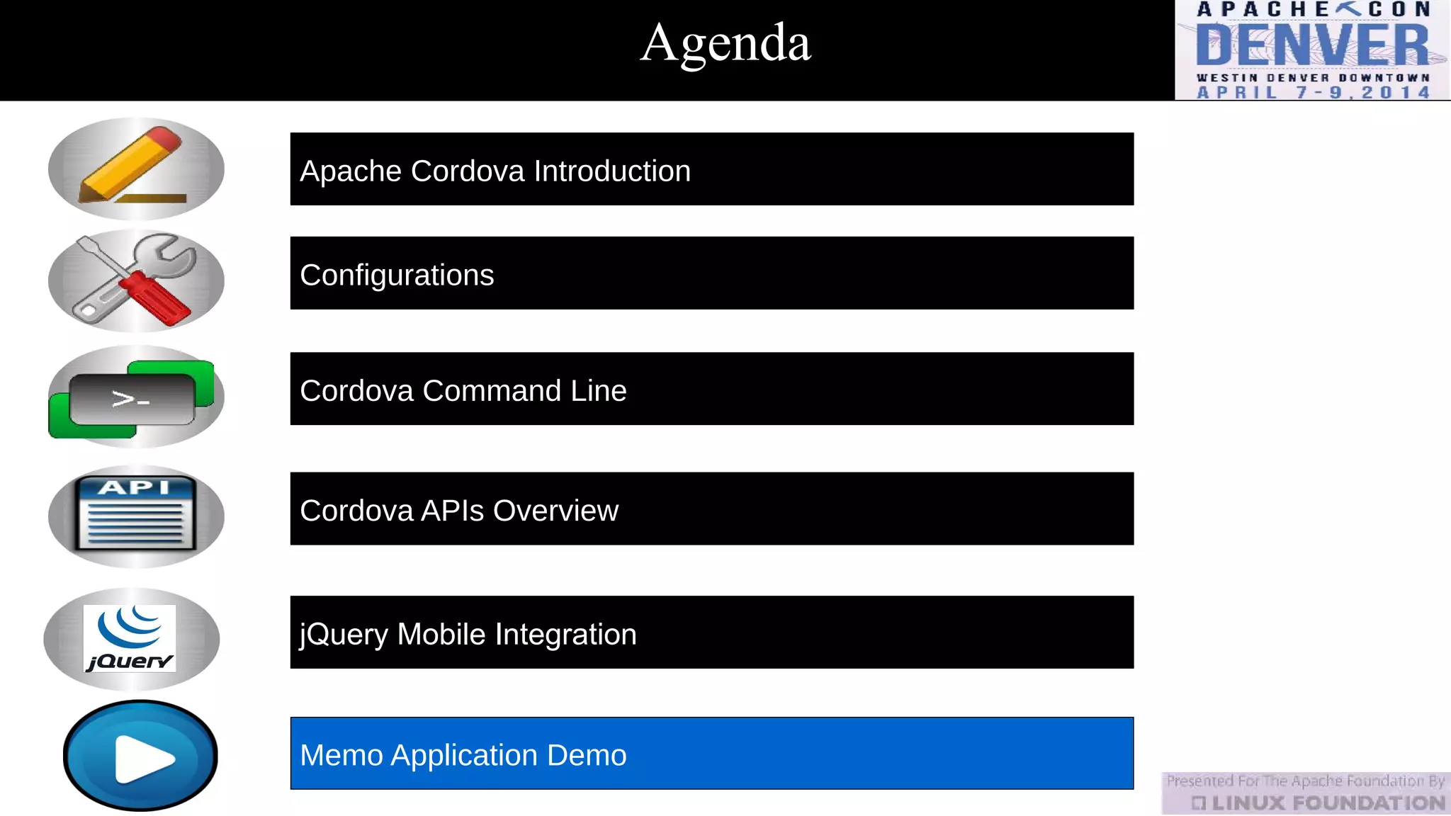 Agenda
Apache Cordova Introduction
Configurations
Cordova Command Line
Cordova APIs Overview
jQuery Mobile Integration
Memo Application Demo
 