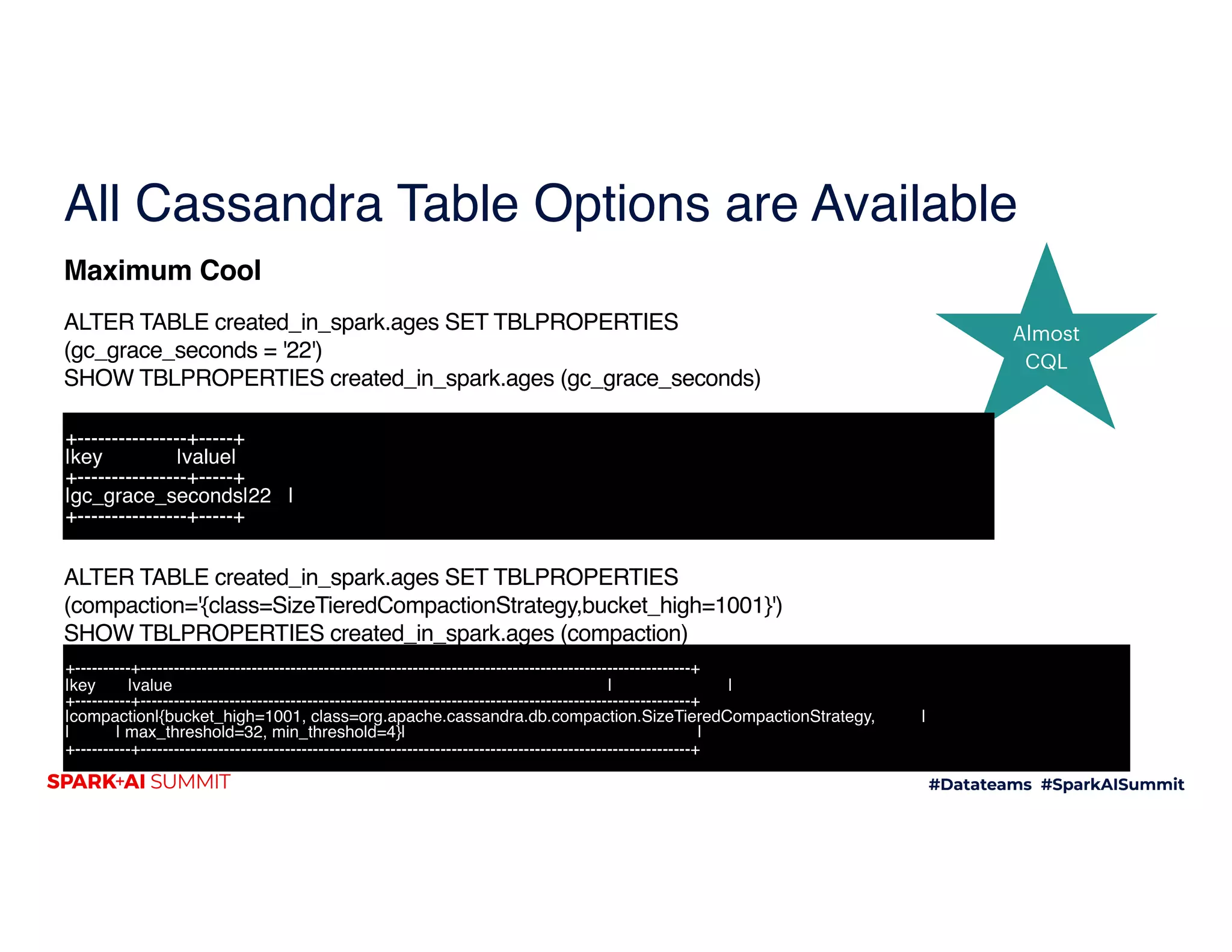 All Cassandra Table Options are Available
ALTER TABLE created_in_spark.ages SET TBLPROPERTIES  
(gc_grace_seconds = '22') 
SHOW TBLPROPERTIES created_in_spark.ages (gc_grace_seconds)
 
ALTER TABLE created_in_spark.ages SET TBLPROPERTIES
(compaction='{class=SizeTieredCompactionStrategy,bucket_high=1001}') 
SHOW TBLPROPERTIES created_in_spark.ages (compaction)
Maximum Cool
Almost 
CQL
+----------------+-----+
|key |value|
+----------------+-----+
|gc_grace_seconds|22 |
+----------------+-----+
+----------+---------------------------------------------------------------------------------------------------+
|key |value | |
+----------+---------------------------------------------------------------------------------------------------+
|compaction|{bucket_high=1001, class=org.apache.cassandra.db.compaction.SizeTieredCompactionStrategy, |
| | max_threshold=32, min_threshold=4}| |
+----------+---------------------------------------------------------------------------------------------------+
 