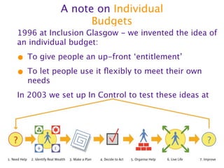A note on Individual
                 Budgets
1996 at Inclusion Glasgow - we invented the idea of
an individual budget:

• To give people an up-front ‘entitlement’
• To let people use it ﬂexibly to meet their own
  needs
In 2003 we set up In Control to test these ideas at
 