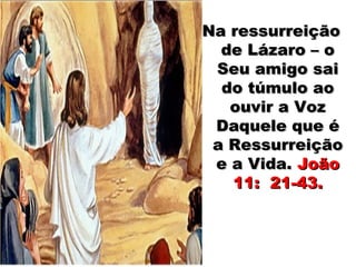Na ressurreiçãoNa ressurreição
de Lázaro – ode Lázaro – o
Seu amigo saiSeu amigo sai
do túmulo aodo túmulo ao
ouvir a Vozouvir a Voz
Daquele que éDaquele que é
a Ressurreiçãoa Ressurreição
e a Vida.e a Vida. JoãoJoão
11: 21-43.11: 21-43.
 