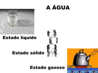A ÁGUA
Estado líquido
Estado sólido
Estado gasoso
 