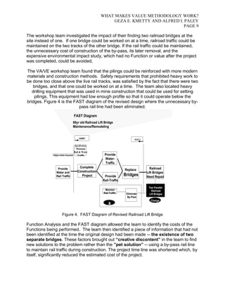 WHAT MAKES VALUE METHODOLOGY WORK? 
GEZA E. KMETTY AND ALFRED I. PALEY 
PAGE 9 
The workshop team investigated the impact of their finding two railroad bridges at the 
site instead of one. If one bridge could be worked on at a time, railroad traffic could be 
maintained on the two tracks of the other bridge. If the rail traffic could be maintained, 
the unnecessary cost of construction of the by-pass, its later removal, and the 
expensive environmental impact study, which had no Function or value after the project 
was completed, could be avoided. 
The VA/VE workshop team found that the pilings could be reinforced with more modern 
materials and construction methods. Safety requirements that prohibited heavy work to 
be done too close above the live rail tracks, was satisfied by the fact that there were two 
bridges, and that one could be worked on at a time. The team also located heavy 
drilling equipment that was used in mine construction that could be used for setting 
pilings. This equipment had low enough profile so that it could operate below the 
bridges. Figure 4 is the FAST diagram of the revised design where the unnecessary by-pass 
rail line had been eliminated. 
60yr old Railroad Lift Bridge 
Maintenance/Remodeling 
Complete 
Construction- 
Project 
Replace 
Bridges 
FAST Diagram 
Provide 
Water- 
Traffic 
Railroad 
Lift Bridges 
Need Repair 
Provide 
Water and 
Rail Traffic Provide 
Rail-Traffic 
HOW? 
WHY? 
Higher Order Function 
Specifications 
Maintain 
Rail & Water 
Traffic 
Maintain 
Rail-Traffic Eliminate 
By-Pass 
Two Parallel 
Railroad 
Lift Bridges 
x 
Change 
Figure 4. FAST Diagram of Revised Railroad Lift Bridge 
Function Analysis and the FAST diagram allowed the team to identify the costs of the 
Functions being performed. The team then identified a piece of information that had not 
been identified at the time the original design had been made -- the existence of two 
separate bridges. These factors brought out “creative discontent” in the team to find 
new solutions to the problem rather than the ”pet solution” -- using a by-pass rail line 
to maintain rail traffic during construction. The project time line was shortened which, by 
itself, significantly reduced the estimated cost of the project. 
 
