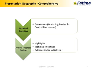 Presentation Geography - Comprehensive
Syed Hamza Kazmi (GTE) 2
Technical
Overview
• Generators (Operating Modes &
Control Mechanism)
Annual Progress
Review
• Highlights
• Technical Initiatives
• Extracurricular Initiatives
 