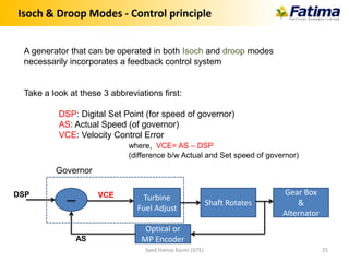 Isoch & Droop Modes - Control principle
A generator that can be operated in both Isoch and droop modes
necessarily incorporates a feedback control system
Take a look at these 3 abbreviations first:
DSP: Digital Set Point (for speed of governor)
AS: Actual Speed (of governor)
VCE: Velocity Control Error
where, VCE= AS – DSP
(difference b/w Actual and Set speed of governor)
Shaft Rotates
Turbine
Fuel Adjust
DSP VCE
Governor
Gear Box
&
Alternator
Optical or
MP EncoderAS
Syed Hamza Kazmi (GTE) 25
 